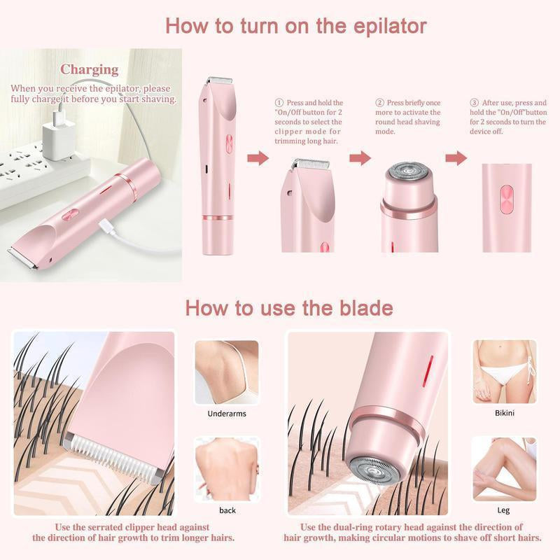 Electric Trimmer for Women, Electric Shaver and Razor Rechargeable 2-In-1 Body , Dual Heads for Painless Trimming of Pubic Hair, Face, Underarms and Legs, IPX7 Waterproof. Christmas Gift New Year Gift